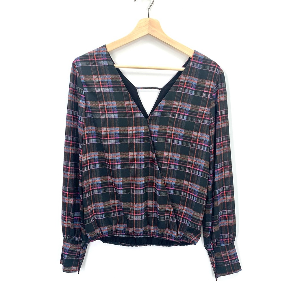 Peyton Jensen Kyra Plaid Surplus V-Neck Long Sleeve Blouse Black Size XS